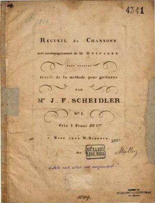 Recueil de chansons : avec accompagnement de la guitarre tres faciles tireés de la méthode pour guitarre. 1