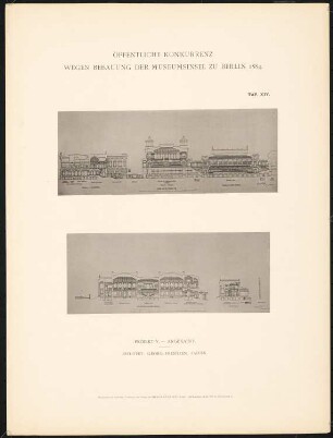 Wettbewerb Museumsinsel, Berlin: Projekt V, Schnitte (aus: Concurrenzentwürfe wegen Bebauung d. Museumsinsel zu Berlin. Auswahl d. preisgekrönten u. besten Entwürfe, Berlin 1884)