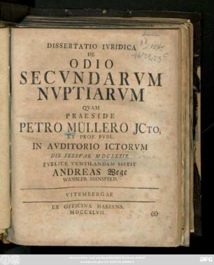 Dissertatio Ivridica De Odio Secvndarvm Nvptiarvm