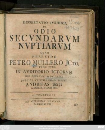 Dissertatio Ivridica De Odio Secvndarvm Nvptiarvm