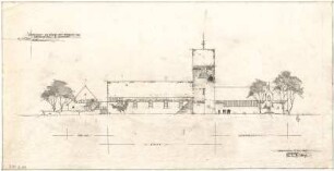 Gsaenger, Gustav; Braunschweig - Lehndorf (Niedersachsen); Ev. Kirche mit Pfarrhaus und Gemeindesaal - Vorprojekt, Entwurf, Nordseite (Ansicht)