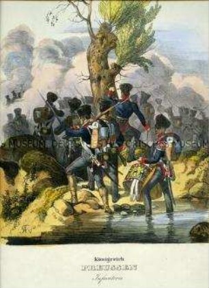 Uniformdarstellung, Infanterie beim Felddienst, Preußen, 1838/1843. Aus: Eckert/Monten: Das deutsche Bundesheer. Tafel 6.