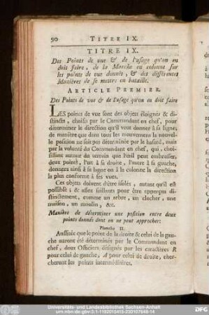 Titre IX. Des Points de vue & de l'usage qu'on en doit faire, de la Marche en colonne sur les points de vue donnés, & des différentes Manières de se mettre en bataille.