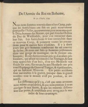 De l'Armée du Roi en Boheme, du 30. d'Août, 1745