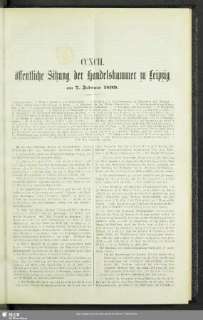 CCXCII. öffentliche Sitzung der Handelskammer zu Leipzig am 7. Februar 1899