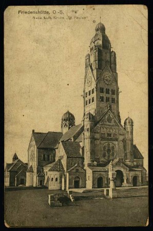 Paulus-Kirche und Pfarrhaus, Friedenshütte: Außenansicht (Postkarte)