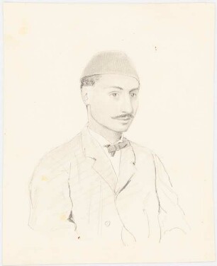 Portrait eines sitzenden jungen Mannes: Portrait eines jungen Mannes im Halbprofil mit orientalischer Kappe