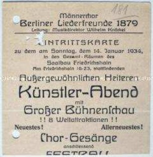 Eintrittskarte zu einem "Künstler-Abend" des Männerchores "Berliner Liederfreunde 1879"