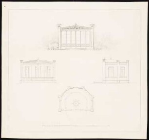 Eingeschossiges Gartenhaus im klassizistischen Stil: Vorder- und Seitenansicht, Grundriss