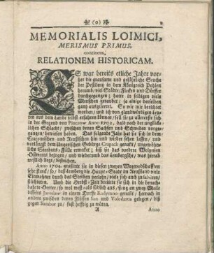 Memorialis Loimici, Merismus Primus, continens, Relationem Historicam.