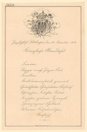 Menükarte : Königliche Abendtafel, Jagdschloss Letzlingen