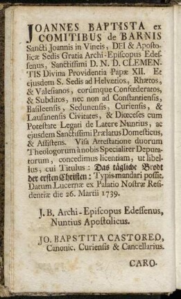 joannes Baptista ex Comitibus de Barnis Sancti Joannis in Vineis,[...] - Carolus Franciscus Durinus Patritius Mediolanensis ex Comitibus Modectiæ,[...]