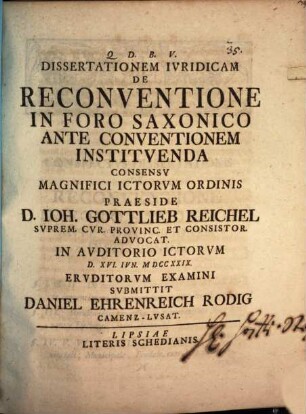 Diss. iur. de reconventione in foro saxonico ante conventionem instituenda