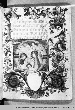 Officium Beatae Mariae Virginis : Folio mit Randbordüre, Text und historisierter Initiale D mit der Anbetung des Christuskindes