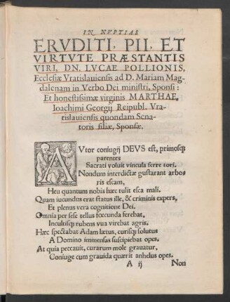 In Nuptias Eruditi ... Dn. Lucae Pollionis ... Sponsi: Et honestissimae virginis Marthae, Ioachimi Georgii ... filiae, Sponsae.