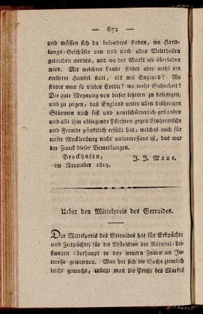 Ueber den Mittelpreis des Getraides