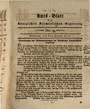 Amtsblatt der Königlichen Churmärkischen Regierung zu Potsdam. 1816, 1/25