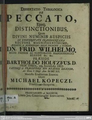 Dissertatio Theologica De Peccato, Eiusqu; Distinctionibus