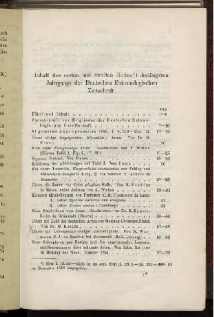 Inhalt des ersten und zweiten Heftes dreissigsten Jahrgang der Deutschen Entomologischen Zeitschrift