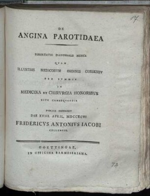 De Angina Parotidaea Dissertatio Inauguralis Medica