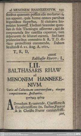 LII. Balthasaris Rhaw ad Menonem Hannekenium