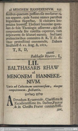 LII. Balthasaris Rhaw ad Menonem Hannekenium