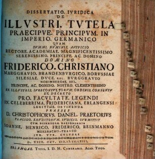 Dissertatio. Ivridica De Illvstri. Tvtela Praecipve. Principvm. In Imperio. Germanico