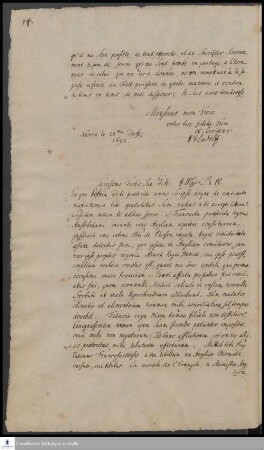 Brief von Heinrich Wilhelm Ludolf an Georg Melchior v. Ludolf.