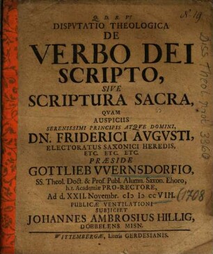 Dispvtatio Theologica De Verbo Dei Scripto, Sive Scriptura Sacra