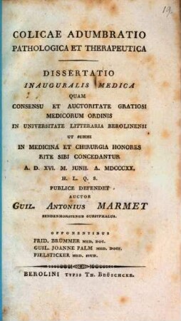 Colicae adumbratio pathologica et therapeutica : Diss. inaug. med.