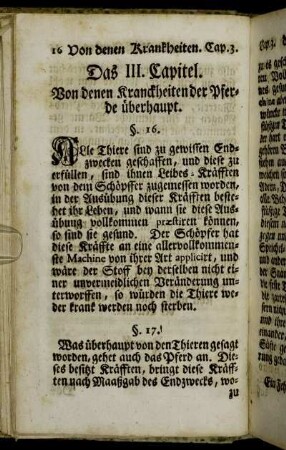 Das III. Capitel. Von denen Kranckheiten der Pferde überhaupt. - Das IV. Capitel. Von denen Fiebern der Pferde.