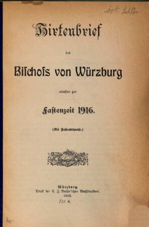 Hirtenbrief des Bischofs von Würzburg, erlassen zur Fastenzeit 1916 : mit Fastendispense