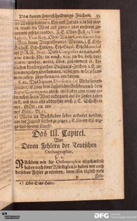 Das III. Capitel. Von Denen Fehlern der Teutschen Orthographie.
