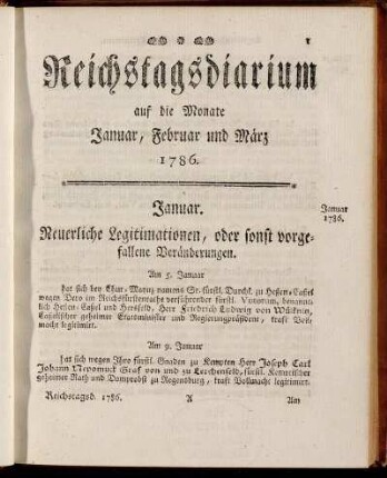 Reichstagsdiarium auf die Monate Januar, Februar und März 1786.