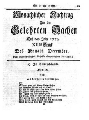 Monathlicher Nachtrag [...] Auf das Jahr 1779. XIItes Stück Des Monats December