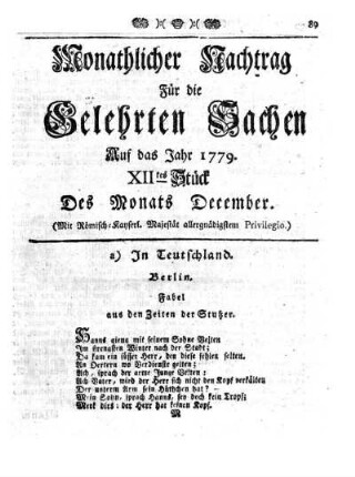 Monathlicher Nachtrag [...] Auf das Jahr 1779. XIItes Stück Des Monats December