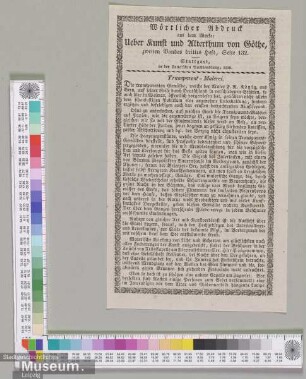 Wörtlicher Abdruck aus dem Werke: Über Kunst und Alterthum von Göthe