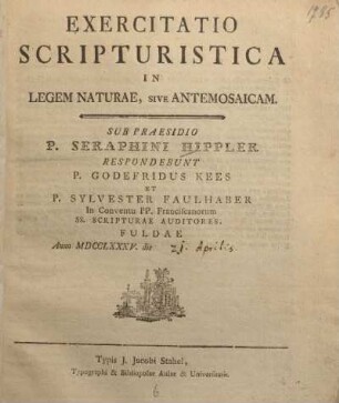Exercitatio scripturistica in legem naturae, sive antemosaicam