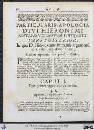 Particularis Apologia Divi Hieronymi Adversus Vigilantium Disputantis. Pars II.