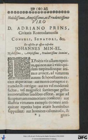 Nobilissimo, Amplissimo, ac Prudentissimo Viro D. Adriano Prins, Civitatis Roterodamensis Consuli, Senatori, etc. ...