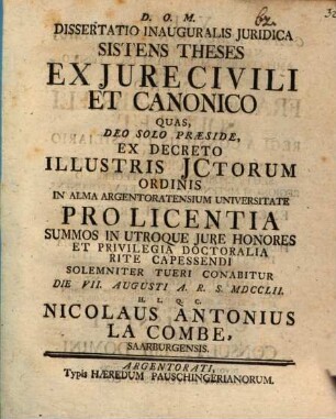 Dissertatio inauguralis juridica sistens theses ex jure civili et canonico