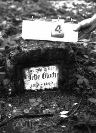 Grabstein 4 (Index: 100105639) Material: Muschelkalk, weiße Marmorplatte Zustand: gut Maße HxBxT: 30x47x30 cm Beschreibung: Stele, rustica, Segmentbogenabschluß, rechteckige Schriftplatte: Grabstein 4