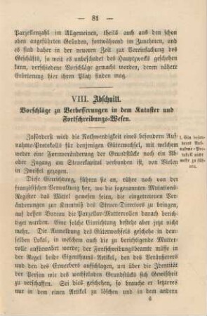 VIII. Abschnitt. Vorschläge zu Verbesserungen in dem Kataster und Fortschreibungs-Wesen.