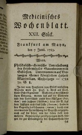 XXII. Stück. Frankfurt am Mayn, den 7. Junii 1783. - XXV. Stück. Frankfurt am Mayn, den 28. Junii 1783.