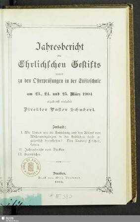 1904: Jahresbericht des Ehrlichschen Gestifts : auf das Schuljahr ...