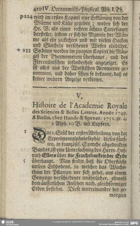 V. Histoire de l'Academie Royal des Sciences & Belles Lettres. Année 1749. A Berlin, chez Haude & Spener. 1751