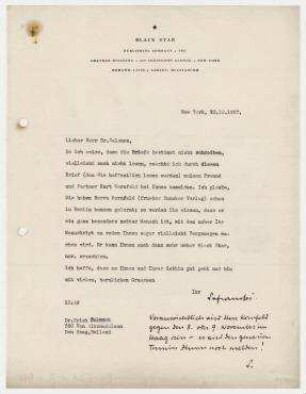 Brief von Kurt S. Safranski, Black Star, New York an Erich Salomon