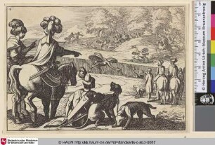 [Jagd auf Strausse mit zwei reitenden und einem sitzenden Jäger im Vordergrund, der einen Hund streichelt]