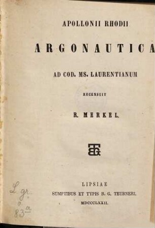 Apollonii Rhodii Argonautica : ad cod. ms. Laurentianum