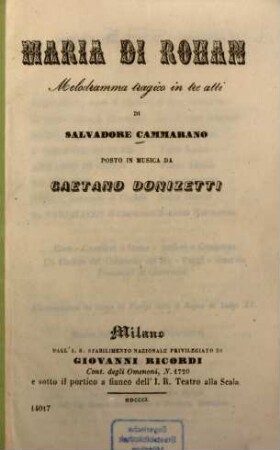 Maria di Rohan : Melodramma tragico in 3 atti
